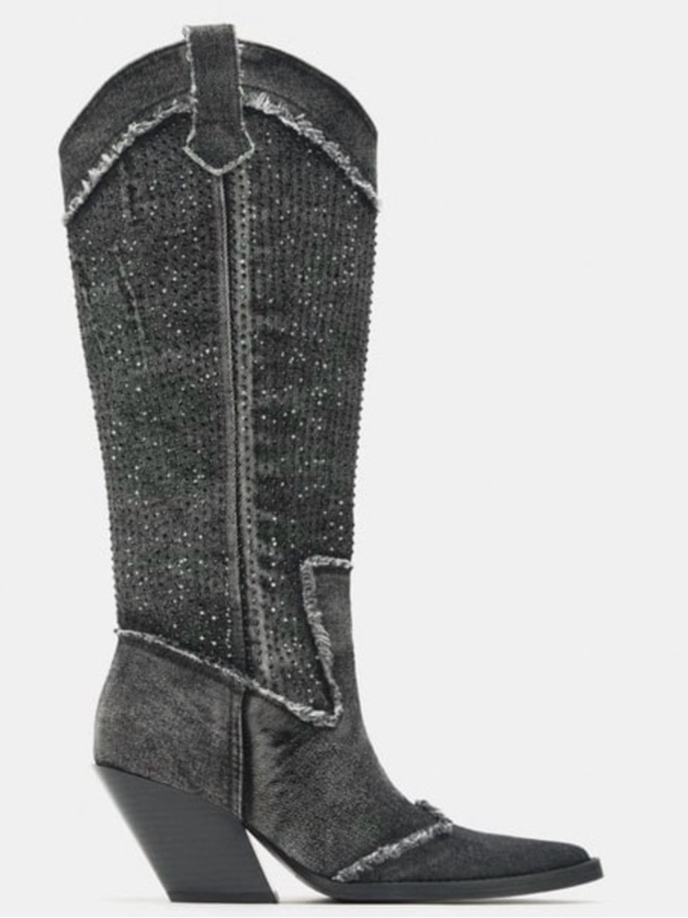 ✨ZARA Viral Rhinestone Cowboy Boots NWOT  Black/ Gray Denim  Boots Sz 38/ 7.5